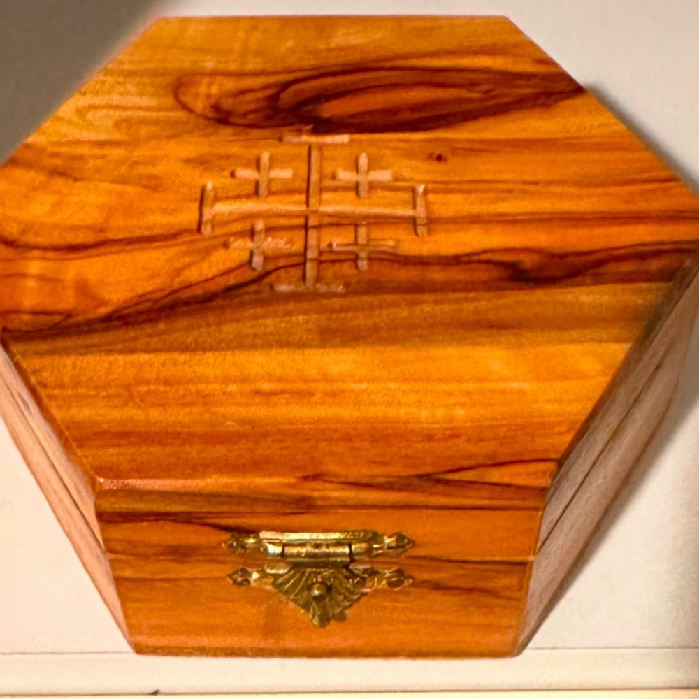 Hexagonal Olive Wood Jewelry Box with Brass Latch - Natural Brown